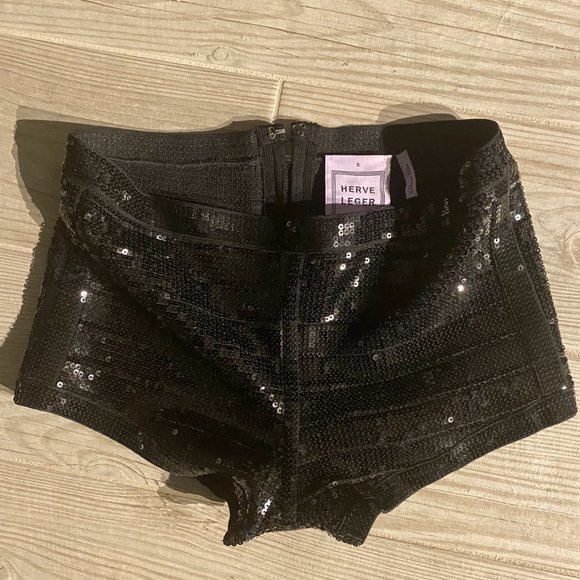 Herve Leger Sequin Black Bandage Booty Shorts
